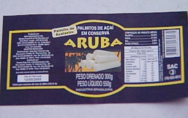 Rótulo dos palmitos Aruba, produzido pela Delta Agro Industrial de Ribeirão Preto - Foto: Reprodução/EPTV/Arquivo