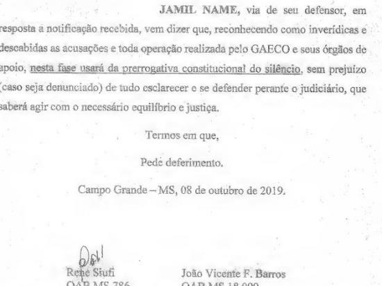 Documento protocolado pela defesa de Jamil Name à ação - Foto: Reprodução do processo