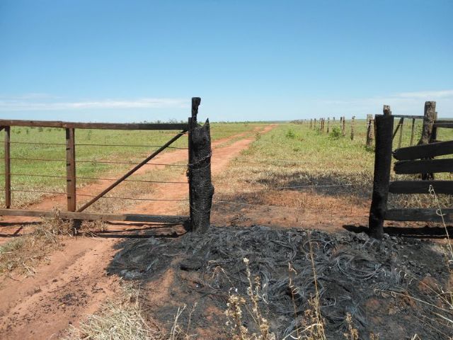 Acampados são acusados de atearem fogo em porteira de fazenda em Nova Andradina