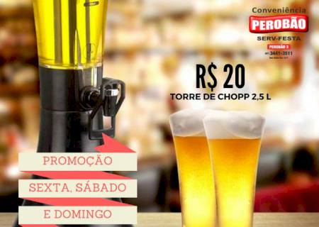 Chopp gelado e melhor preço no Perobão 3; torre de chopp de 2,5 litros por R$ 20