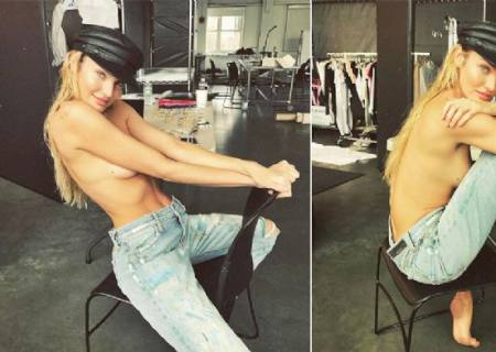 Candice Swanepoel posa de topless em bastidor