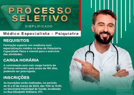 Prefeitura de Nova Andradina abre processo seletivo para contratação de Médico Psiquiatra