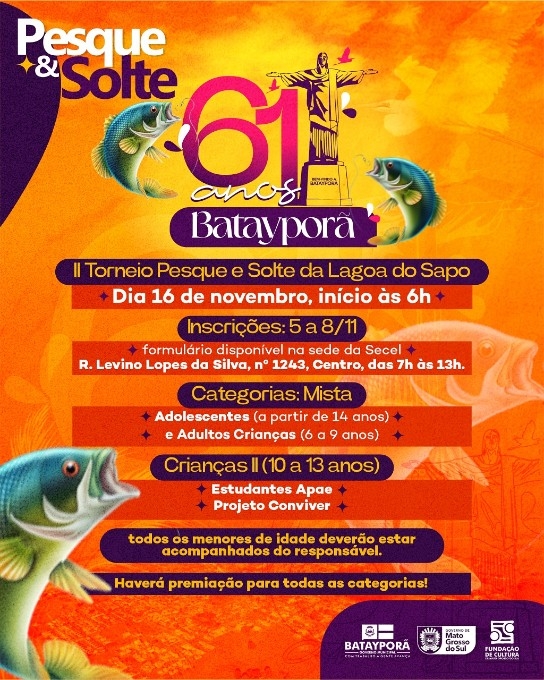 Show com Atitude 67, torneio de pesca e celebrações religiosas vão marcar 61 anos de Batayporã