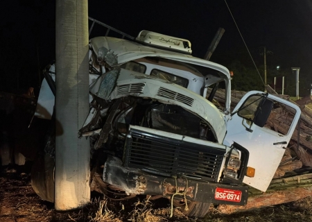 Caminhão carregado com eucalipto perde os freios e colide com poste em rotatória de Nova Andradina
