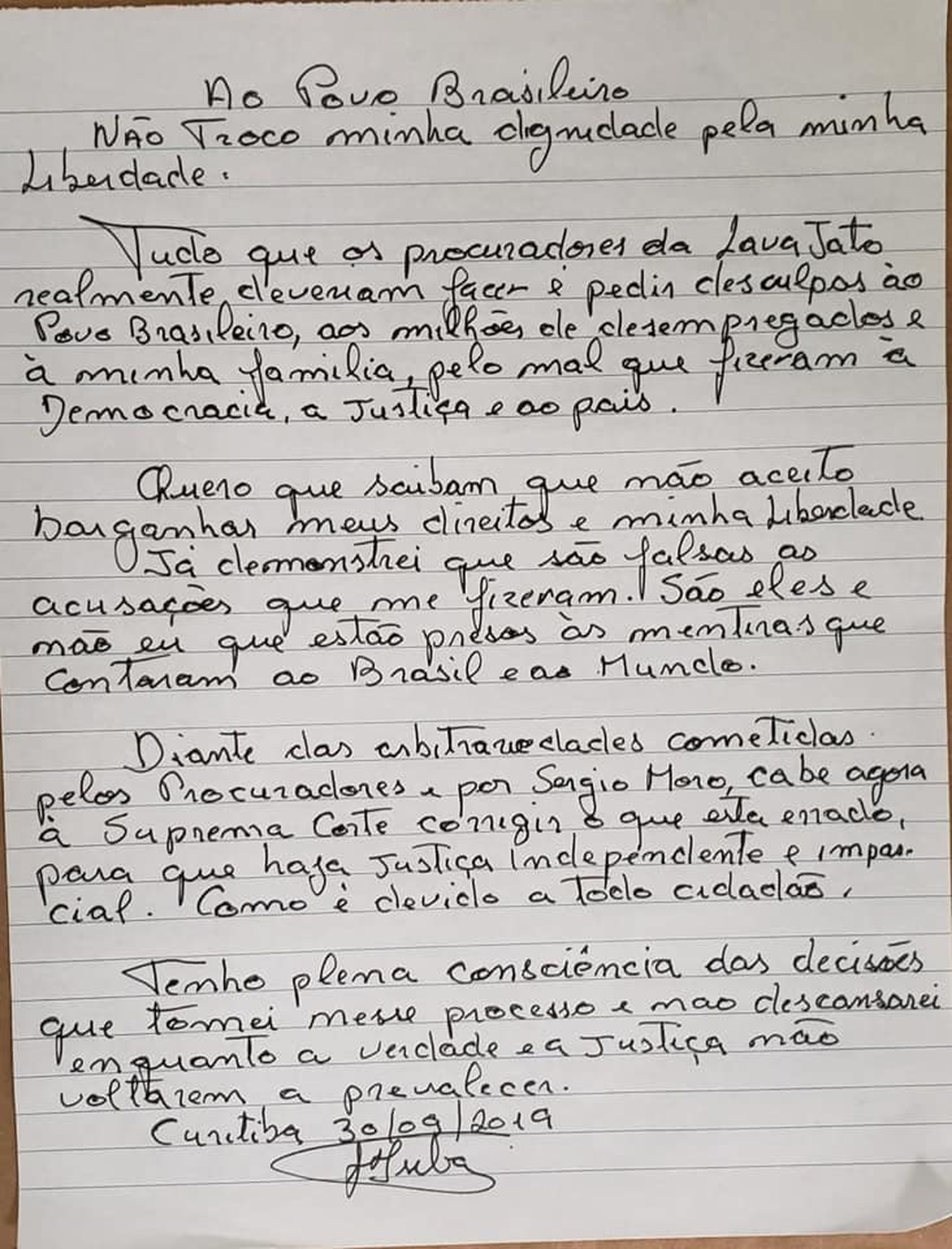 Carta de Lula sobre o pedido do MPF para que ele progrida de regime -Foto: Reprodu&ccedil;&atilde;o/Facebook