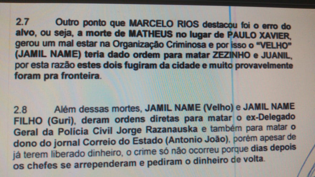 Trecho do processo onde s&atilde;o citadas as ordens para matar jornalista e delgado - Foto: Reprodu&ccedil;&atilde;o
