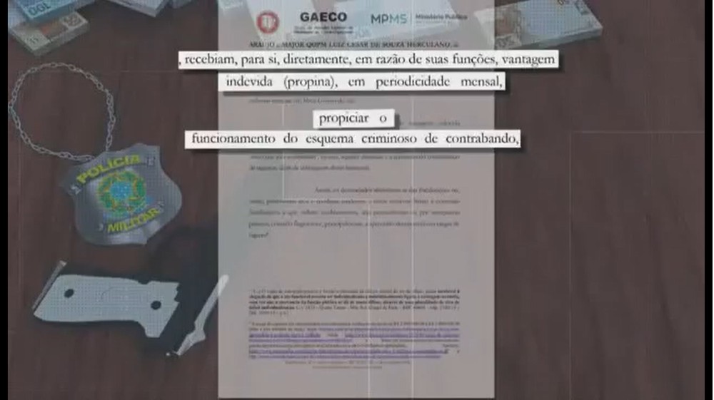 Den&uacute;ncia do Gaeco e Minist&eacute;rio P&uacute;blico afirma que c&uacute;pula da PM em MS recebia propina para fazer parte de esquema criminoso de contrabando f Foto: TV Morena/Reprodu&ccedil;&atilde;o