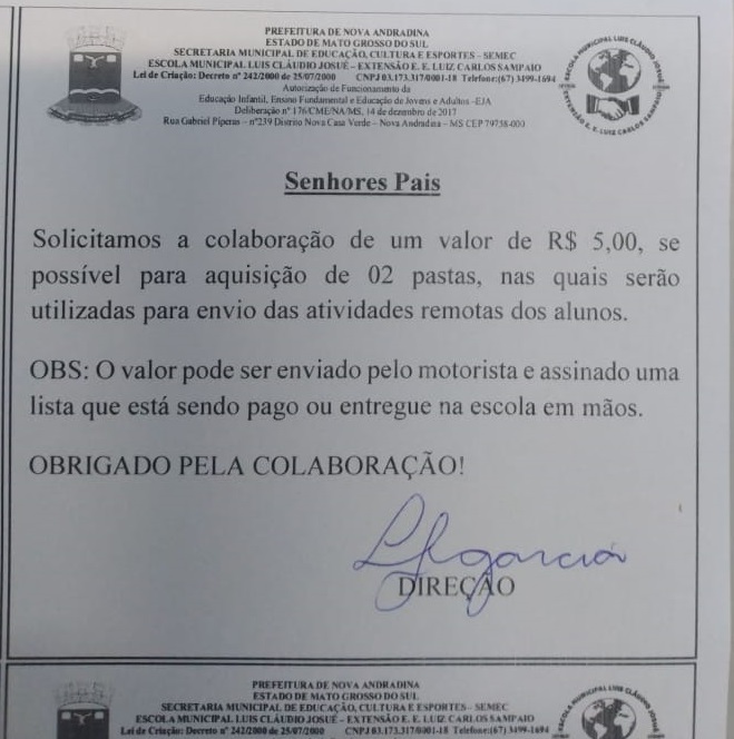 Bilhete com cobrança de R$ 5 enviado aos pais de alunos - Foto: WhatsApp/Jornal da Nova