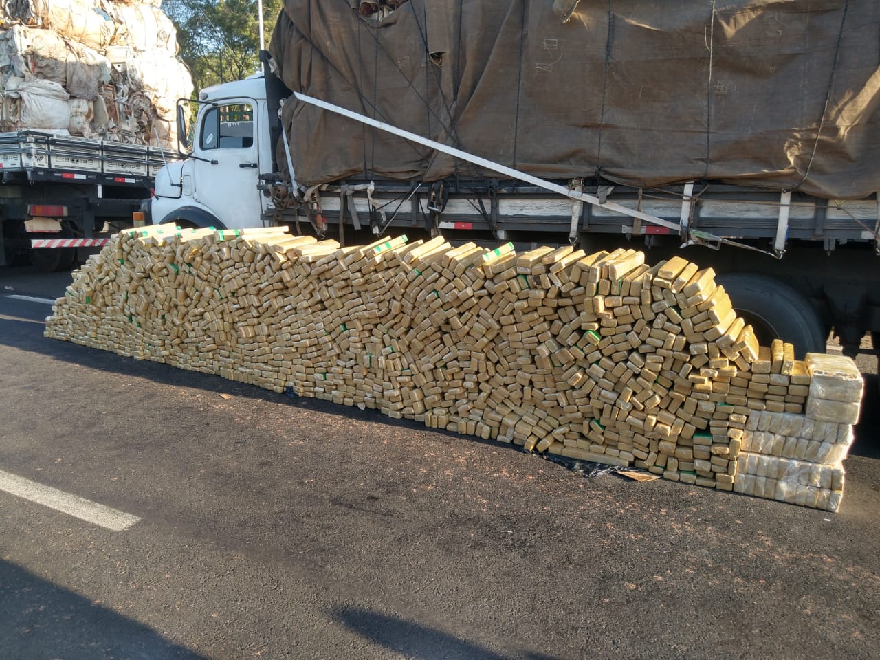 Caminhões foram parados na Raposo Tavares e, nas vistorias, foram encontrados maconha, cocaína, haxixe e skunk - Foto: WhatsApp/Jornal da Nova